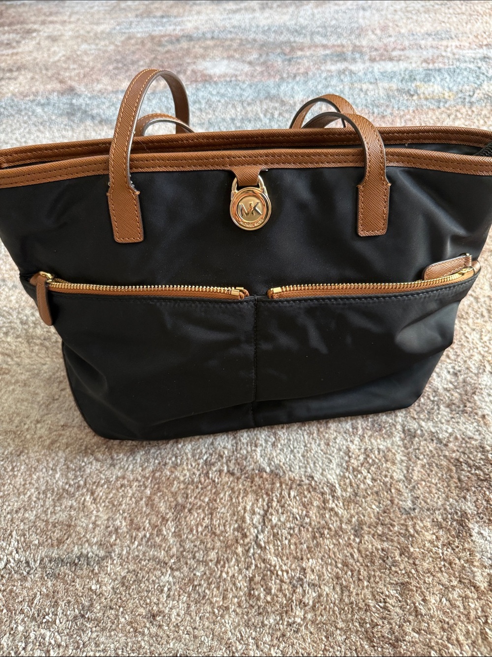 Michael Kors Black Tote with Brown Leather Trim and Gold Hardware